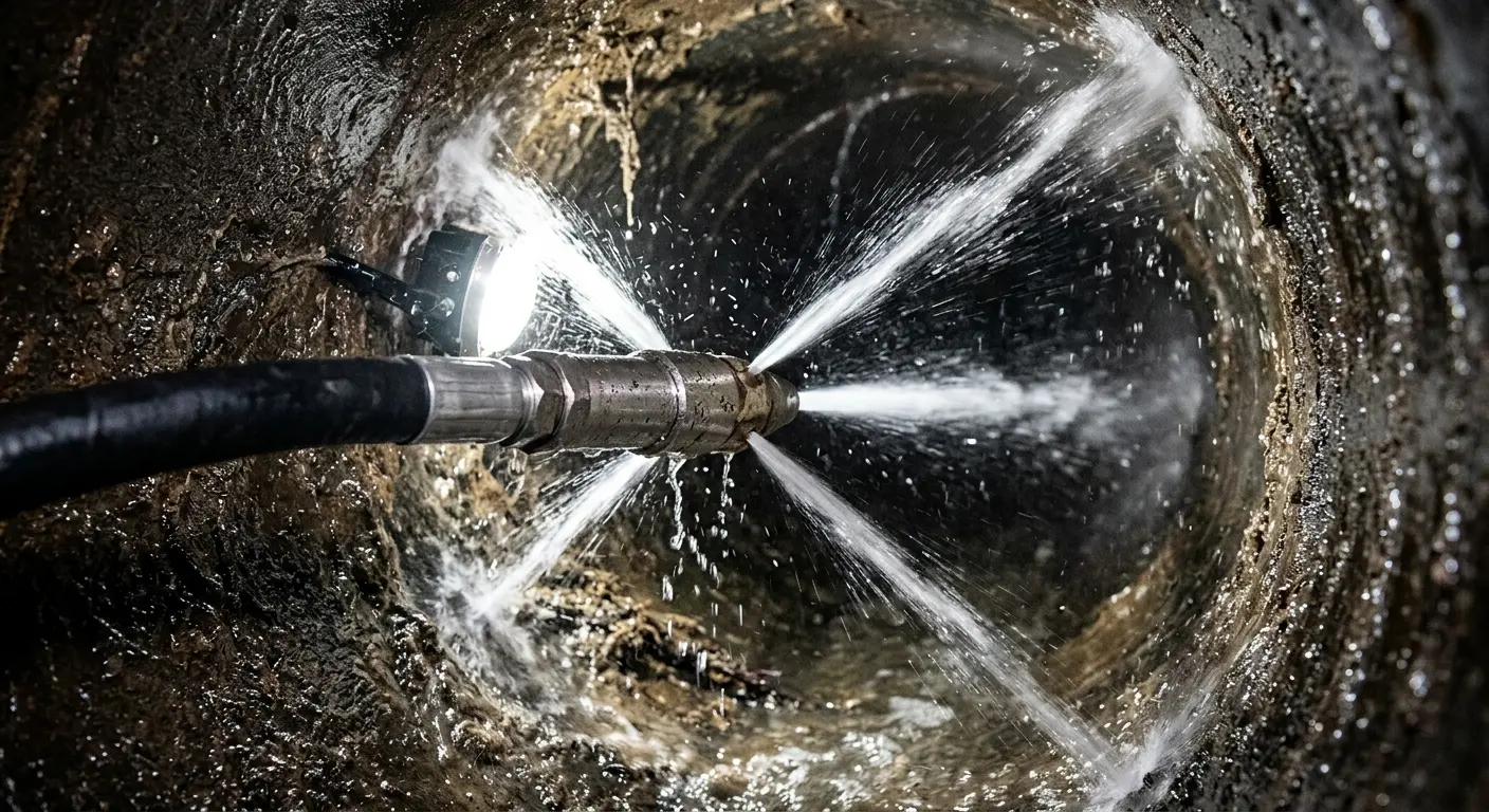 High-pressure hydro jetting nozzle cleaning sewer pipe for Emergency Drain Service in New Milford