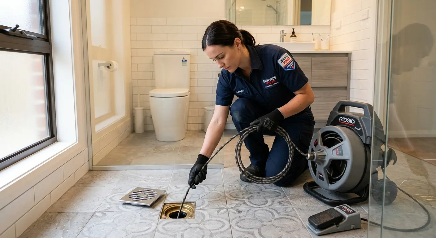Technician clearing a bathroom floor drain for Clogged Drain Repair in New Milford